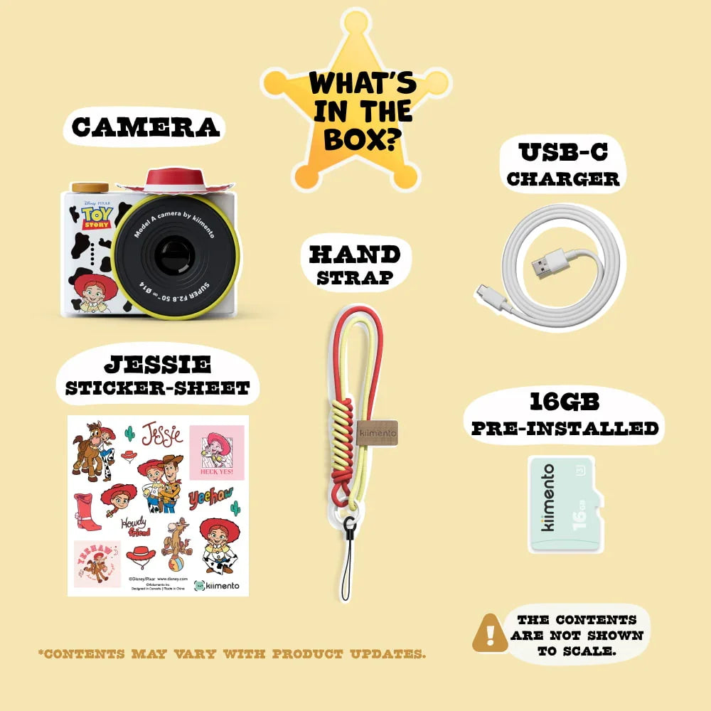 Digital Jessie mini camera with accessories including a sticker sheet, hand strap, USB-C charger, and 16GB memory card. 