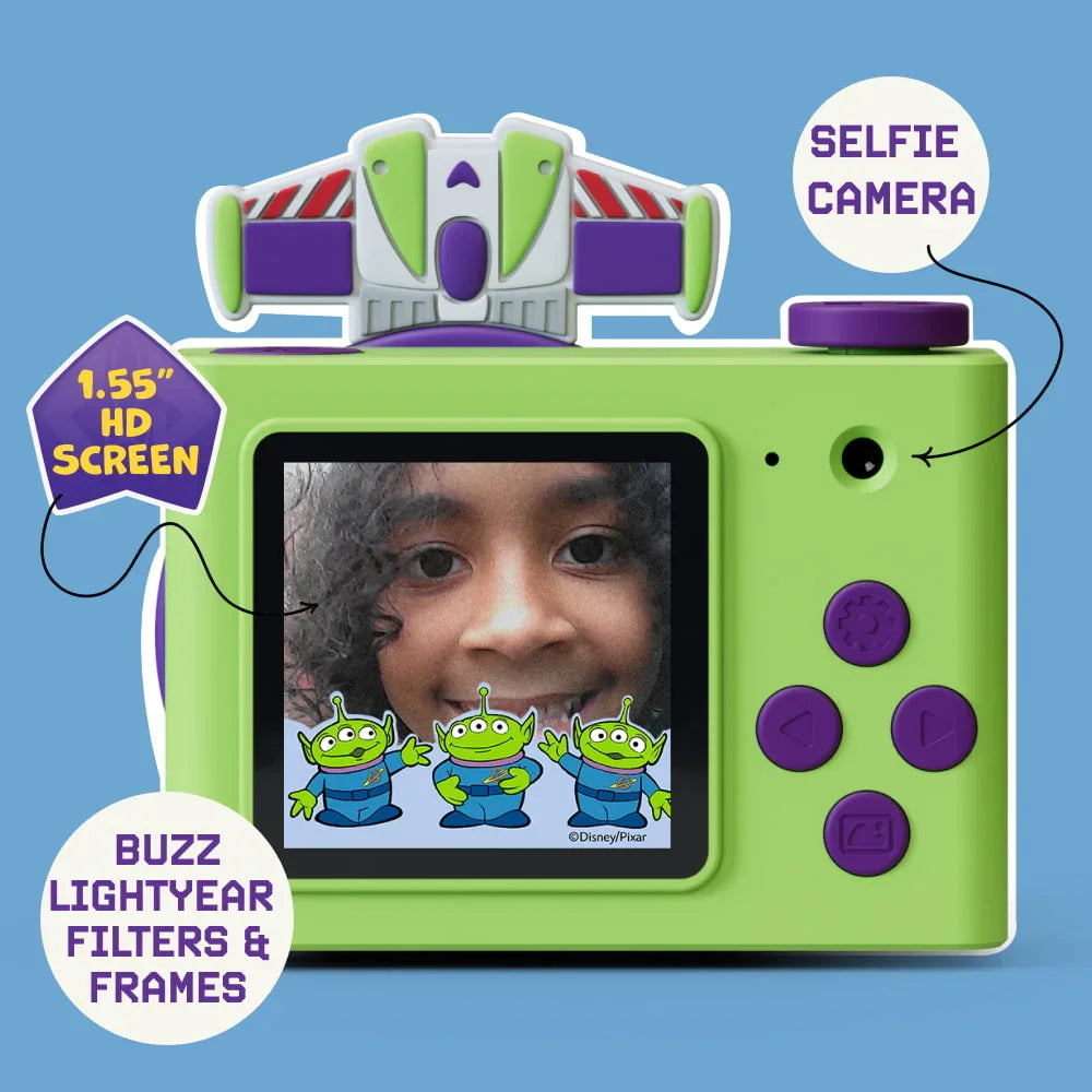 Rear view of the Digital Buzz Lightyear mini camera showing the digital LCD screen, a purple circular directional pad, green buttons for navigation, themed filters and the selfie of a happy kid. 