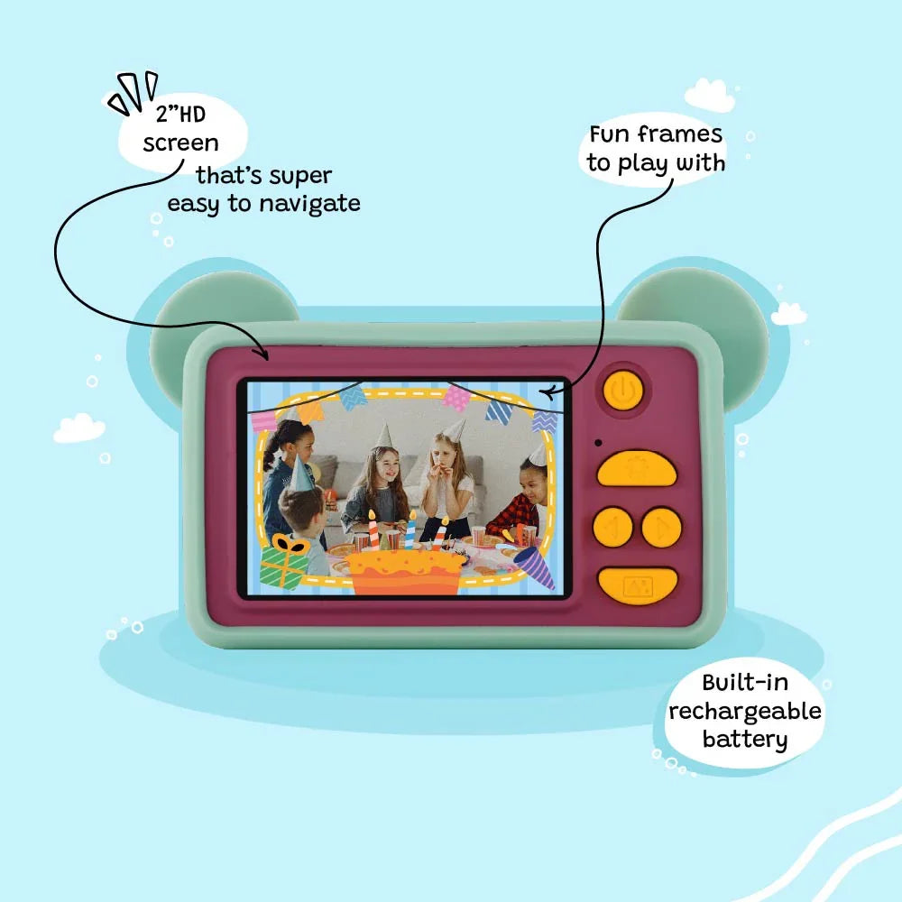 Back view of kiimento Model C Bear kids digital camera showing screen interface, fun frames, and control buttons.