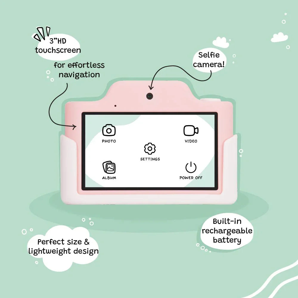Back view of the kiimento Meowie the Cat digital camera showcasing the 3-inch HD touchscreen, selfie camera, photo and video modes, settings, album, and built-in rechargeable battery.