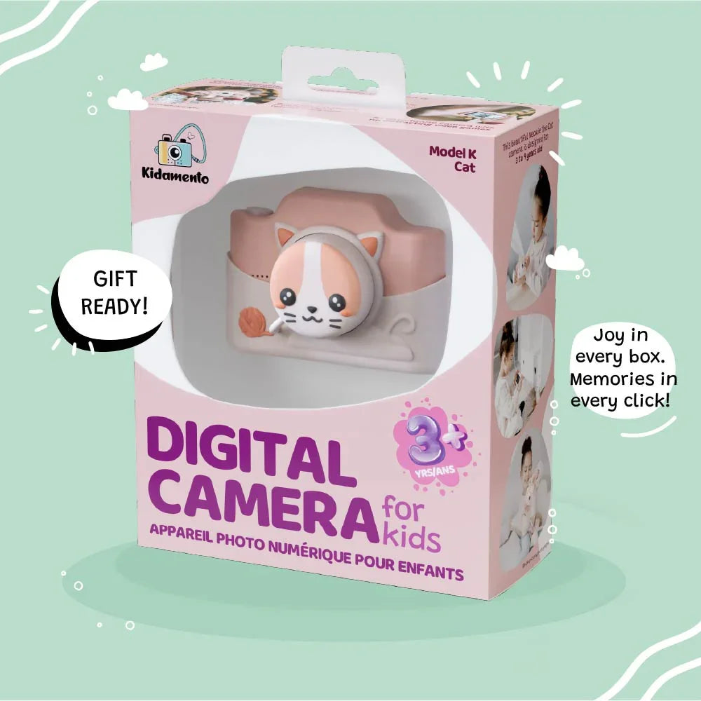 kiimento Meowie the Cat Model K digital camera in gift-ready packaging, designed for kids ages 3 and up.