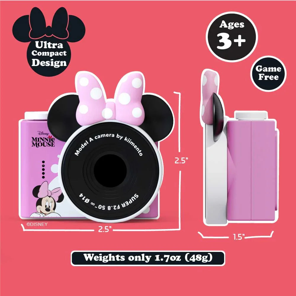 Pink Minnie Mouse mini camera with polka dot bow and ears.It's good for age 3+, and it's a game free camera.