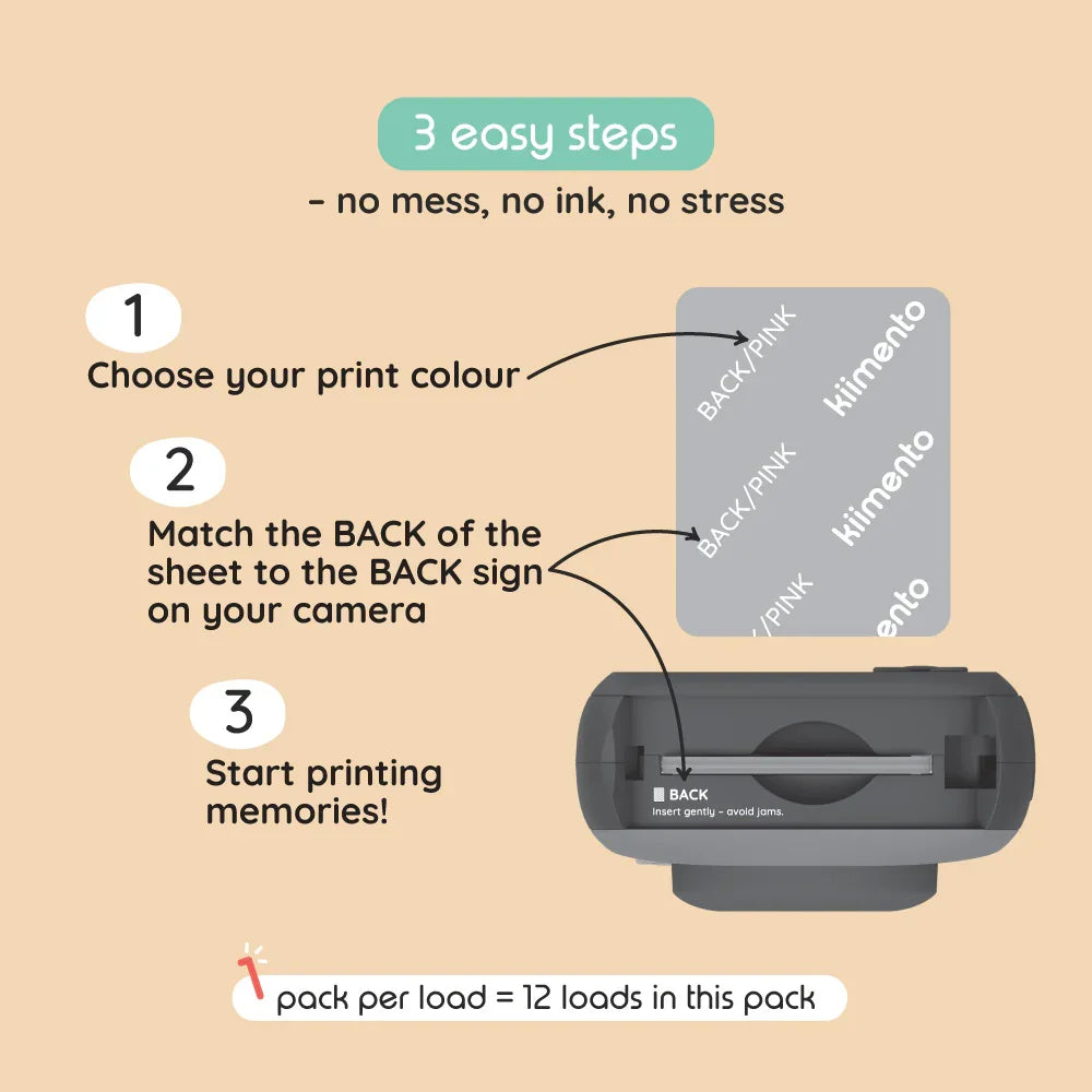 Illustration showing how to load a print pack into a camera.
