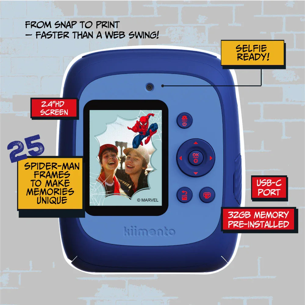 Blue Spider-Man instant print camera with a 2.4-inch screen.