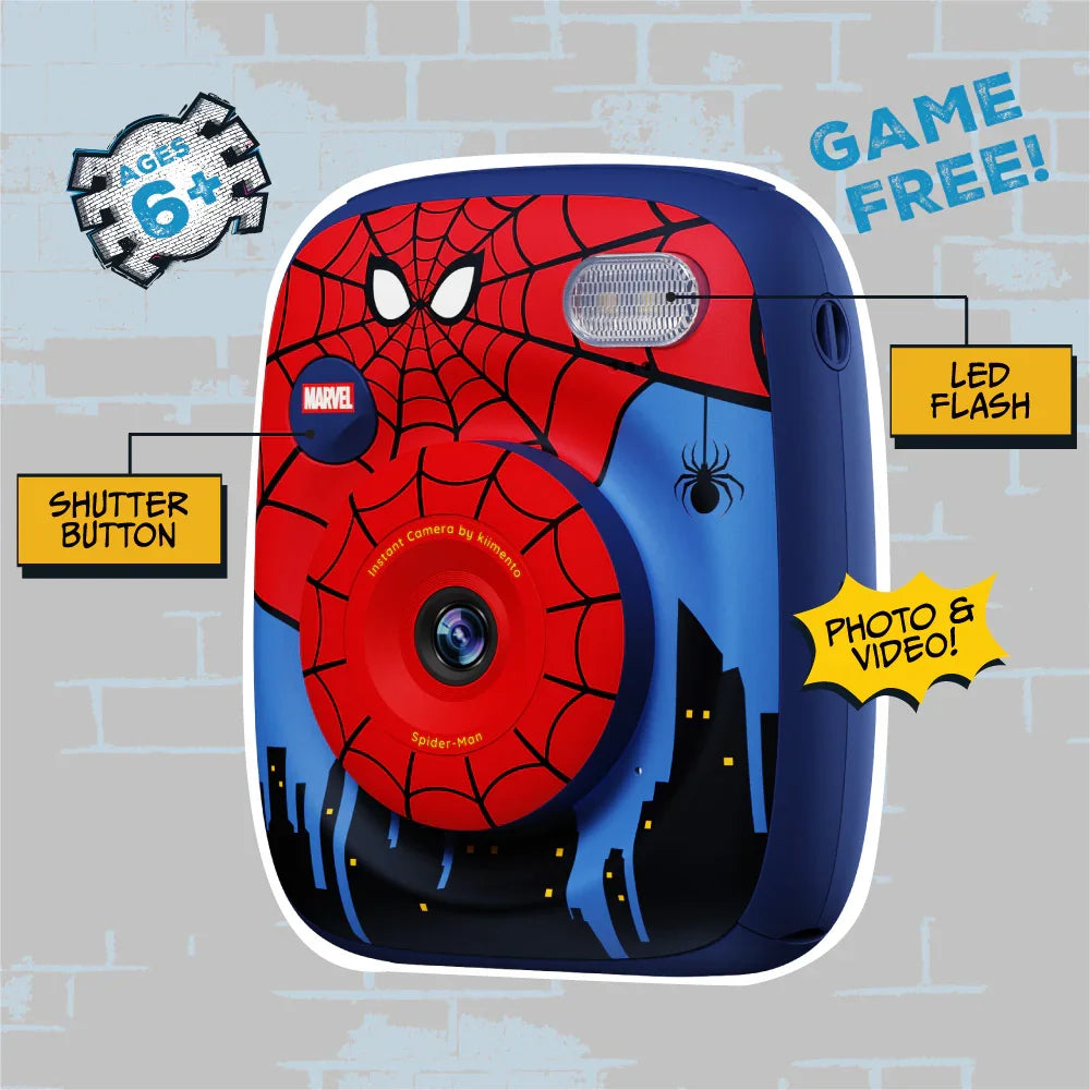 Spider-Man themed instant print camera with a red and blue web design, LED flash, and shutter button.