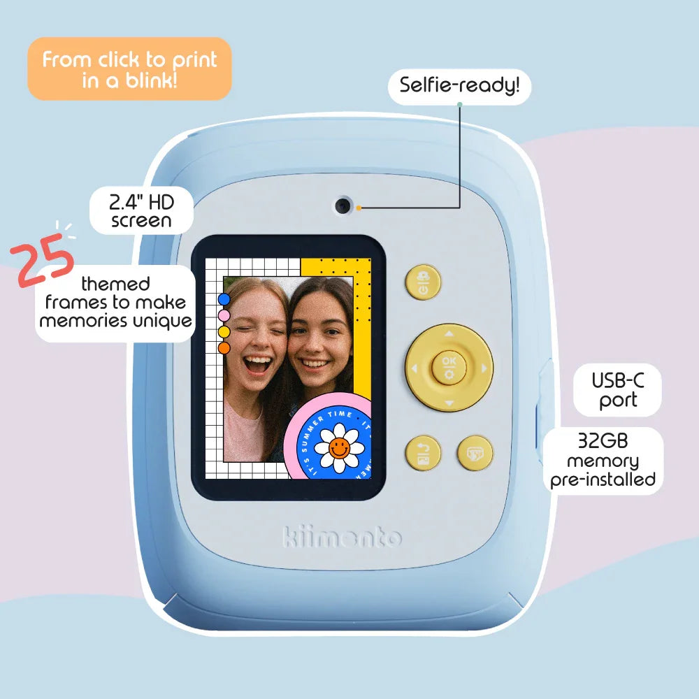 Sky blue instant print camera with a 2.4-inch screen and selfie-ready feature.